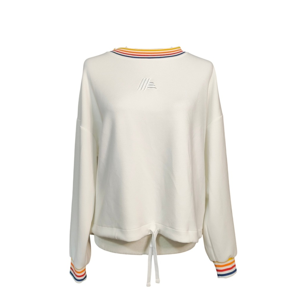 ALDI White Drawstring Sweatshirt Rainbow Stripe Retro Athlesiure Modal Blend - L